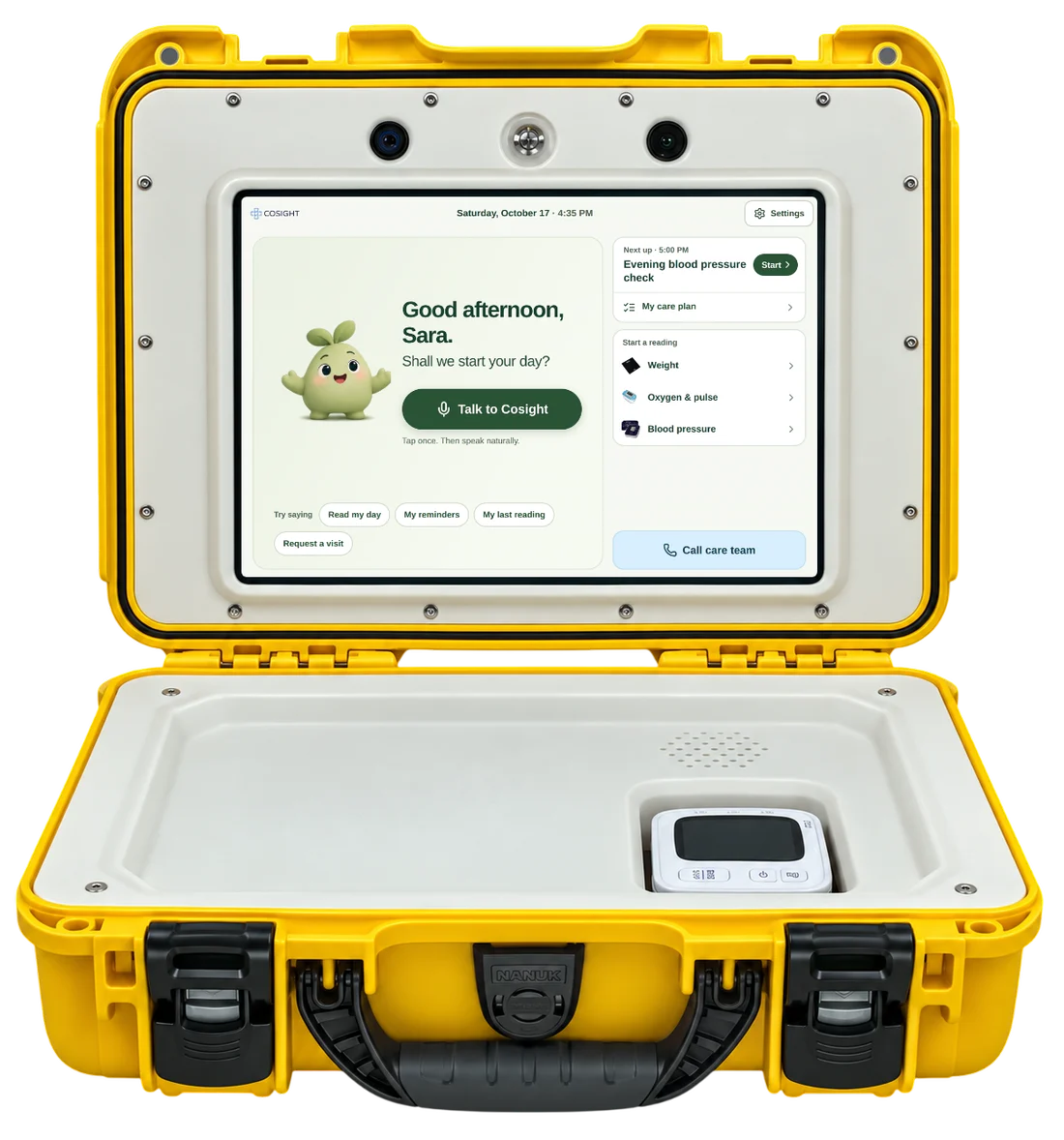 Cosight open in its yellow rugged case, with a blood pressure monitor stored inside