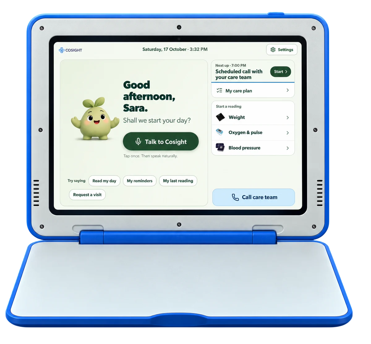 Cosight in its blue frame showing the home screen: Good afternoon, Sara, a Talk to Cosight button, the next care task and Call care team