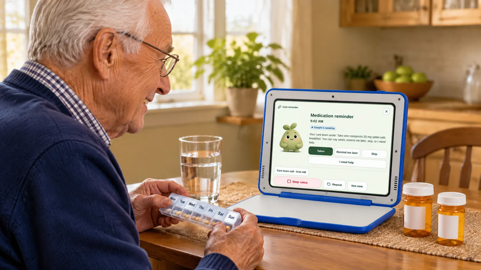 An older man at his kitchen table holding his weekly pill organizer while Cosight shows his morning medication reminder